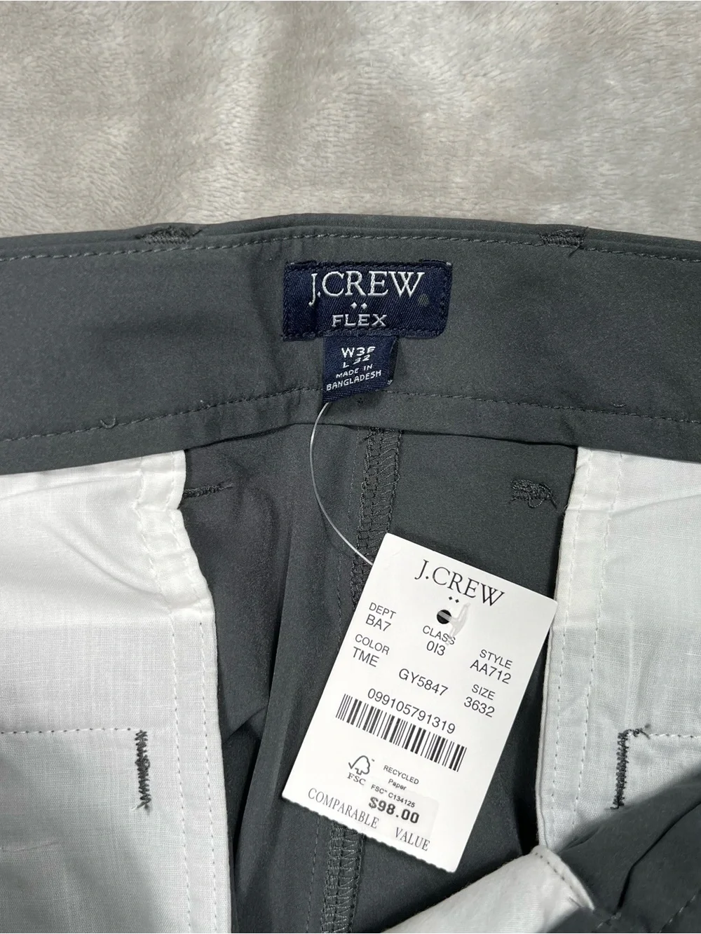 NWT J Crew Slim Tech Pants Mens 38x32 Gray Commuter Casual Wicking